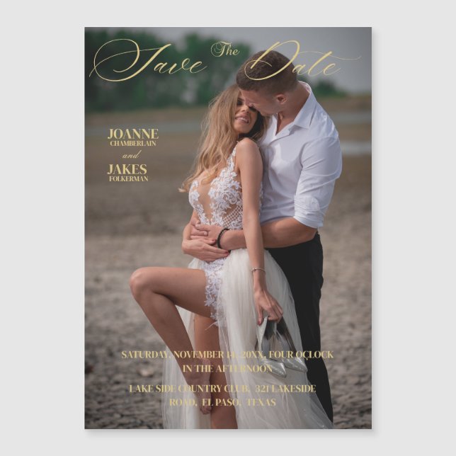 Invitación Magnética Foto Elegante De Oro Guardar La Fecha (Anverso)