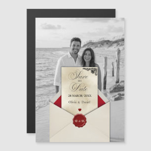Invitación Magnética Foto en Blanco y Negro con Monograma de Marfil Sav