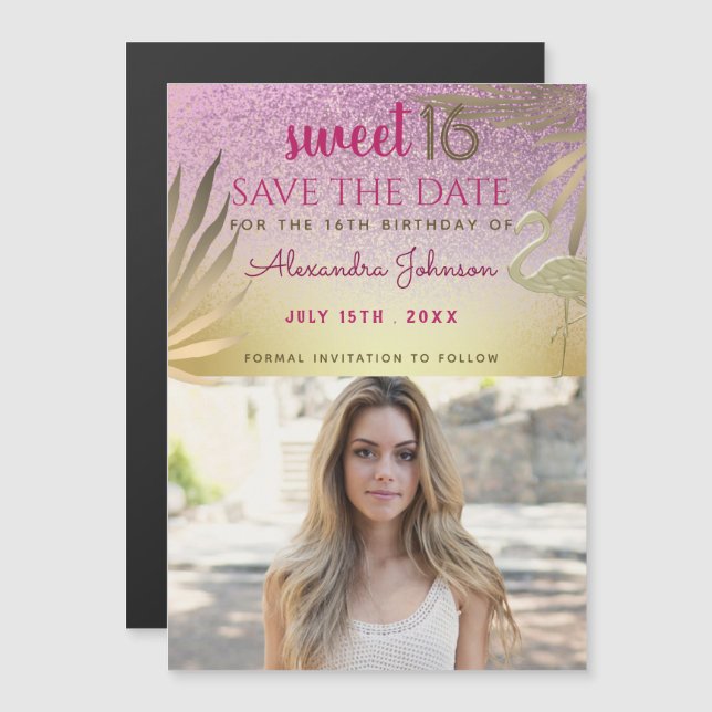 Invitación Magnética Foto Guardar La Fecha Dulce 16 Oro Rosa (Anverso/Reverso)