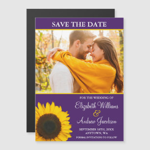 Invitación Magnética Foto morada de girasol amarillo salva la fecha