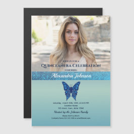 Invitación Magnética Foto Quinceanera Purpurina Mariposa Azul