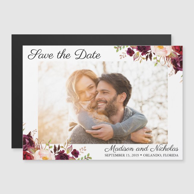 Invitación Magnética Foto Save the Date Magnets Marsala Flor rosa (Anverso/Reverso)
