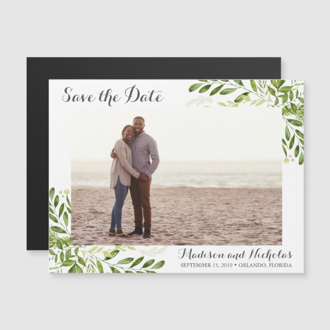 Invitación Magnética Foto Save the Date Magnets Rustic Green Leaf (Anverso/Reverso)