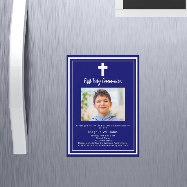 Invitación Magnética Fotografía azul de la marina Primera Comunión Sant (Subido por el creador)