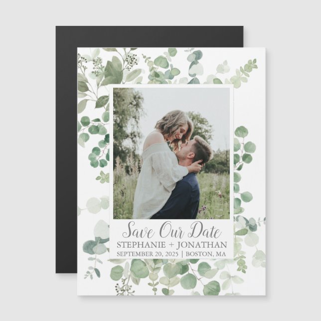 Invitación Magnética Fotografía Verde Eucalyptus Guardar Las Fechas (Anverso/Reverso)