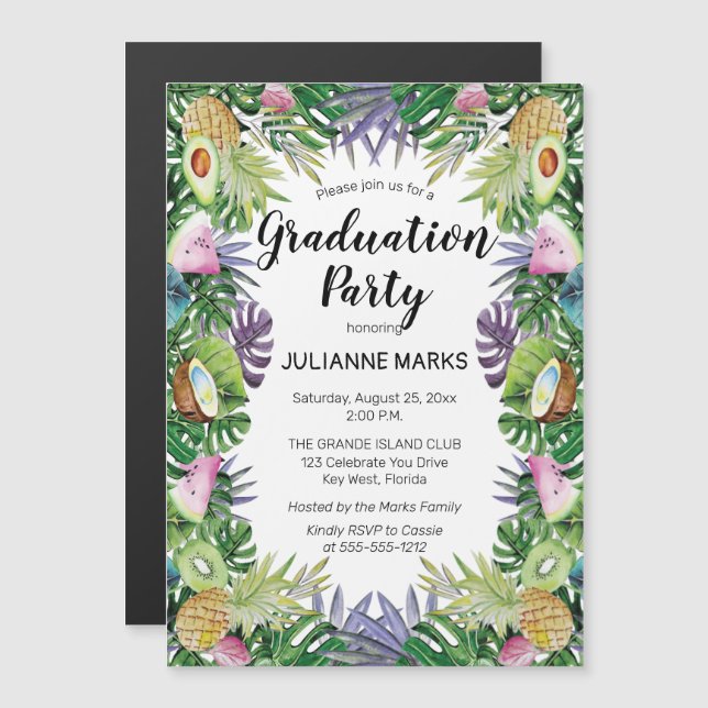 Invitación Magnética Fruta tropical| Fiesta de Graduación Veraniega (Anverso/Reverso)