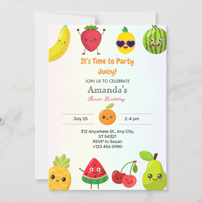 Invitación Magnética Frutas Lindas Primera Cumpleañera de 1 año Magnéti (Anverso)