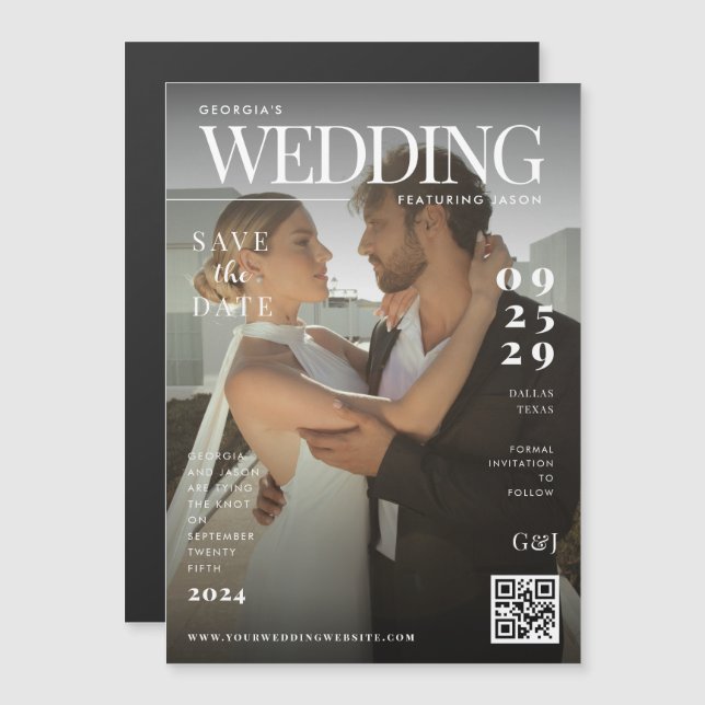 Invitación Magnética Funny Magazine tapa Boda único de foto oscura (Anverso/Reverso)