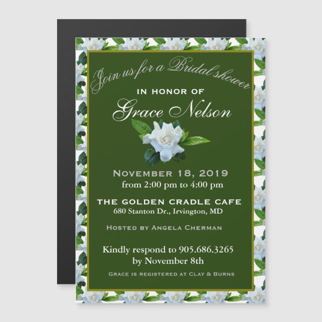Invitación Magnética Gardenia blanca Foliage Verde Ducha de novia (Anverso/Reverso)