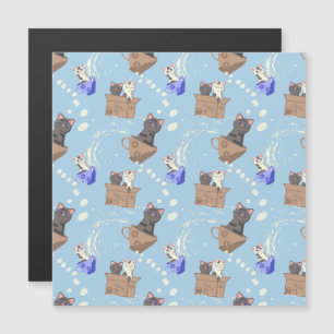 Invitación Magnética Gatos en caja y gotas de leche en azul