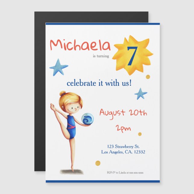 Invitación Magnética Gimnasta rítmica blanca y azul lindo ilustrada (Anverso/Reverso)