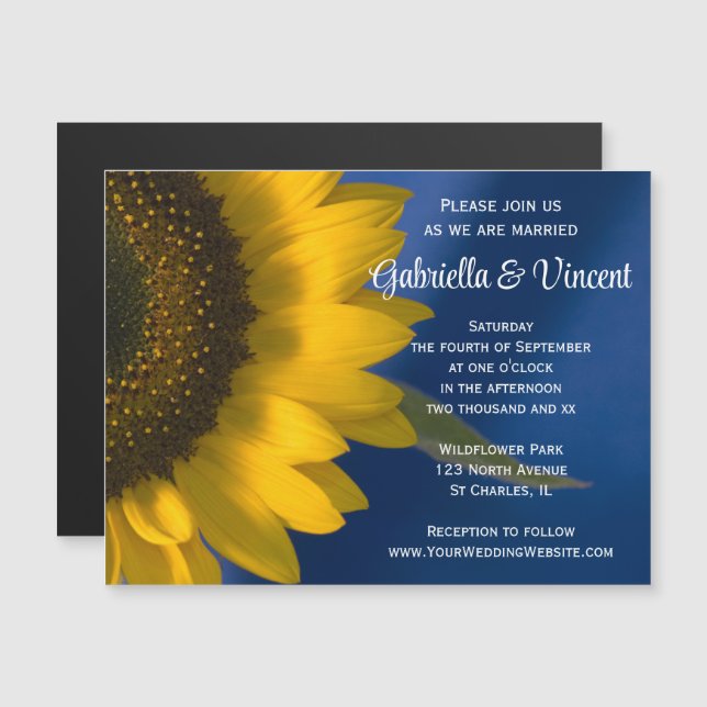Invitación Magnética Girasol amarillo en Boda azul (Anverso/Reverso)