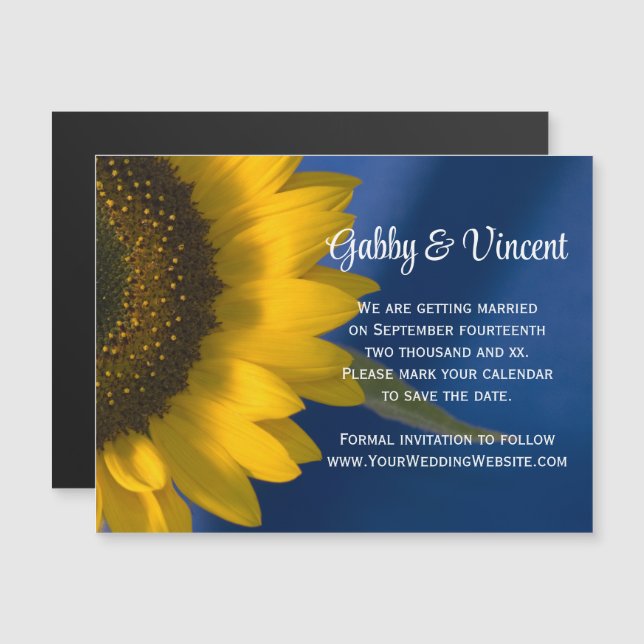Invitación Magnética Girasol amarillo en la boda azul salva la fecha (Anverso/Reverso)