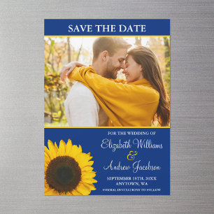 Invitación Magnética Girasol Amarillo Foto Azul Save the Date