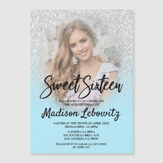 Invitación Magnética Glam Baby Blue & Purpurina Sweet 16 Photo Invite