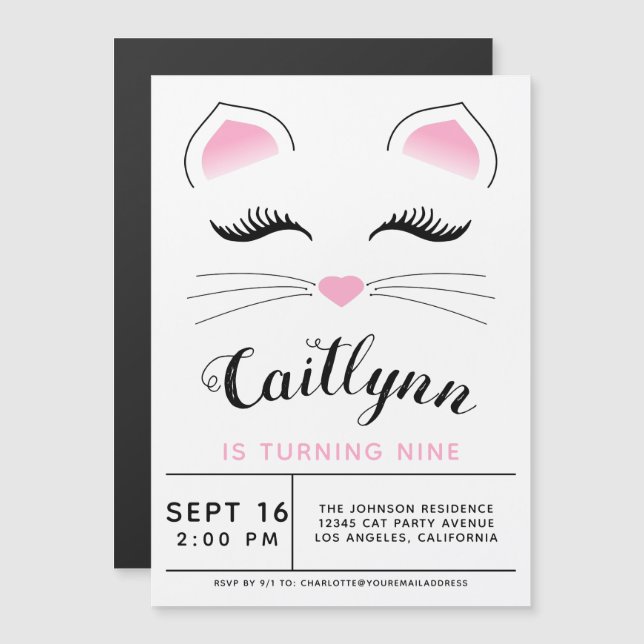 Invitación Magnética Glam Cat Birday Party (Anverso/Reverso)