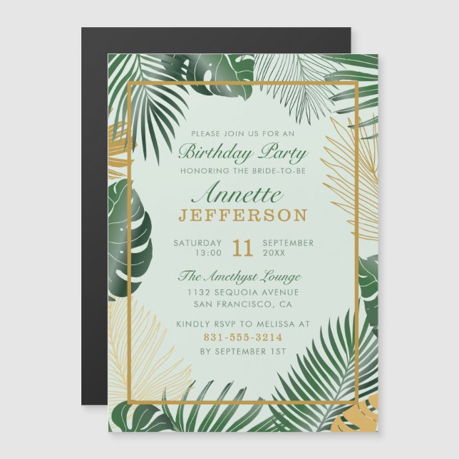 Invitación Magnética Glam Green Tropical deja fiesta de cumpleaños a la (Anverso/Reverso)
