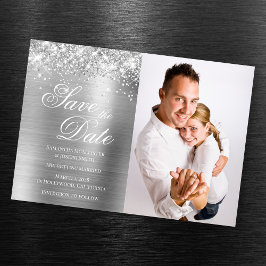 Invitación Magnética Glittery Silver Foil Foto Save the Date