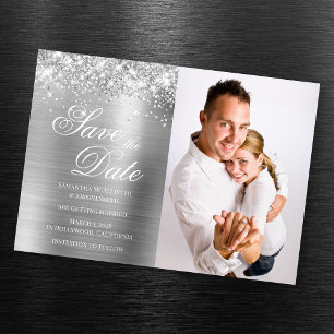 Invitación Magnética Glittery Silver Foil Foto Save the Date