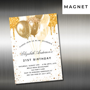 Invitación Magnética Globos de oro blanco de cumpleaños purpurina gotea