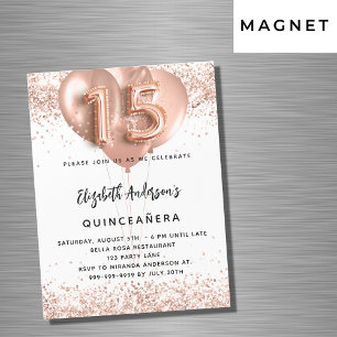Invitación Magnética Globos de oro rosa Quinceanera de lujo blanco