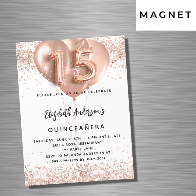 Invitación Magnética Globos de oro rosa Quinceanera de lujo blanco (Subido por el creador)