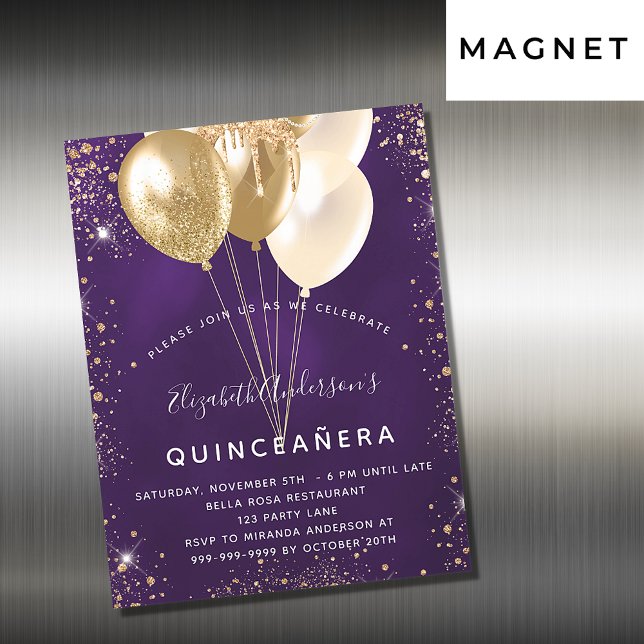 Invitación Magnética Globos purpurinas de oro púrpura de Quinceanera de (Subido por el creador)