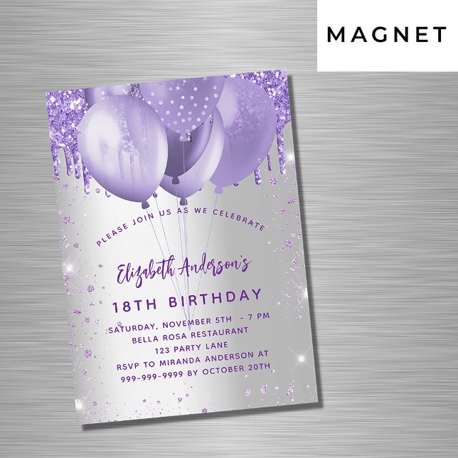 Invitación Magnética Globos purpurinas de plata de cumpleaños (Subido por el creador)