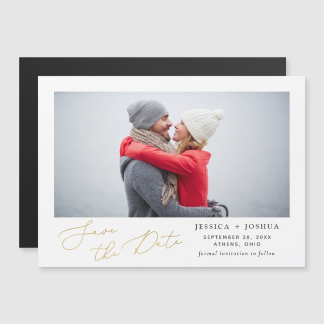 Invitación Magnética Gold Modern Script Photo Save the Date Magnet (Anverso/Reverso)