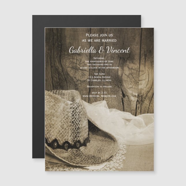 Invitación Magnética Gorra de Cowboy y Boda occidental de Barn Wood (Anverso/Reverso)
