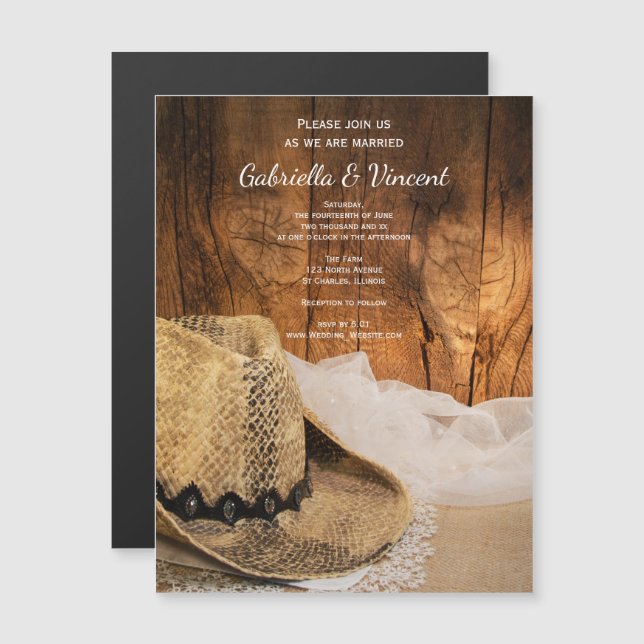 Invitación Magnética Gorra de Cowboy y Boda occidental de Barn Wood (Anverso/Reverso)