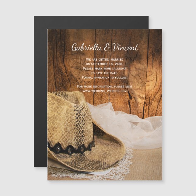 Invitación Magnética Gorra Vaquero Barn Wood Western Wedding Save the D (Anverso/Reverso)