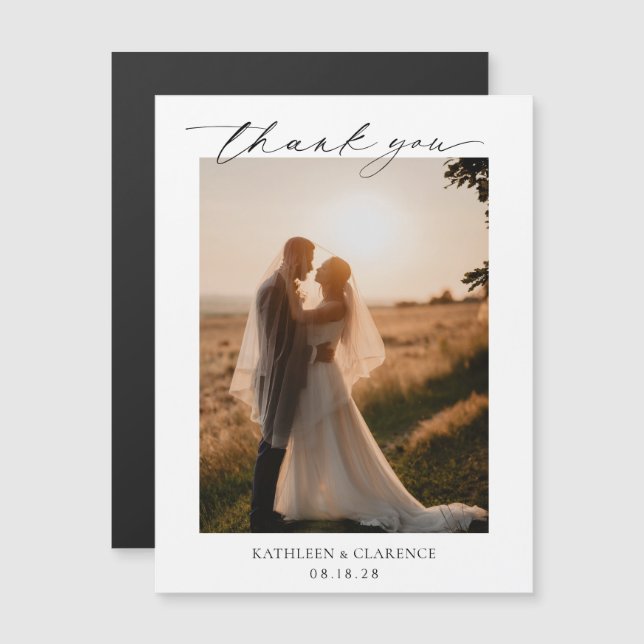 Invitación Magnética Gracias a la elegante boda blanca y negra clásica (Anverso/Reverso)