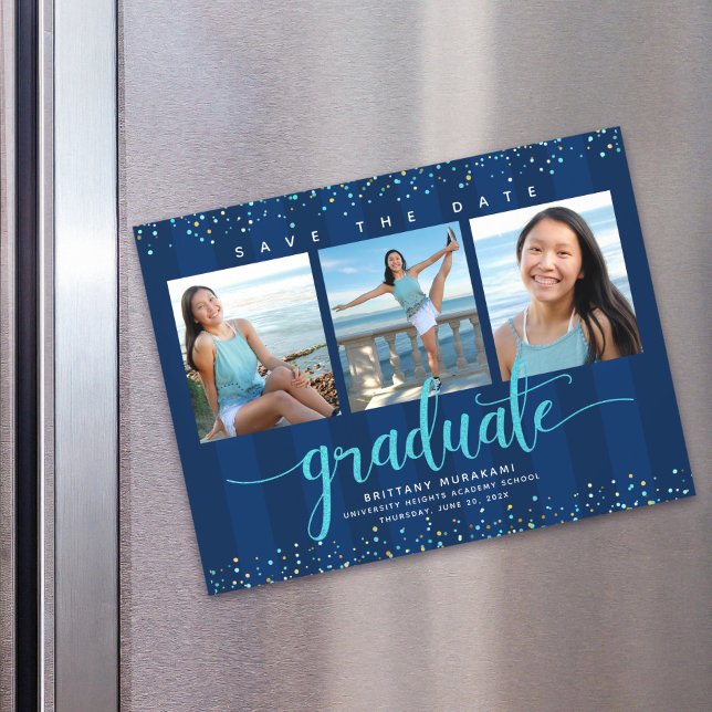 Invitación Magnética Graduación 3 foto azul de la marina salva la fecha (Subido por el creador)