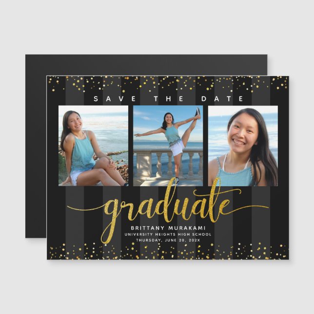 Invitación Magnética Graduación 3 Foto Oro Negro Salven la fecha modern (Anverso/Reverso)