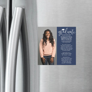 Invitación Magnética Graduación de Foto Única Moderno Guion Azul Marino