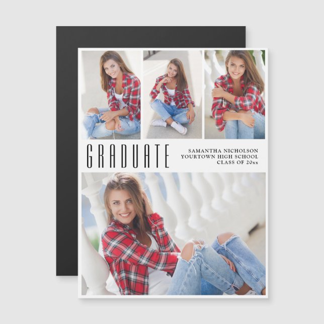 Invitación Magnética Graduación de la Escuela Secundaria Blanca 4 Foto (Anverso/Reverso)