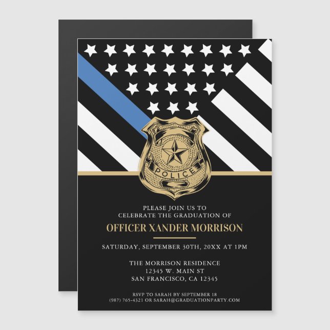 Invitación Magnética Graduación de la policía con pabellón azul (Anverso/Reverso)