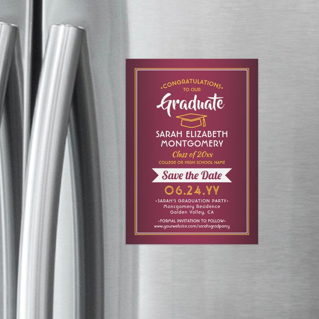 Invitación Magnética Graduación Guardar la fecha marrón rojo y dorado a (Subido por el creador)