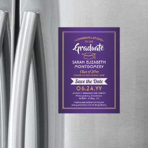Invitación Magnética Graduación Guardar la fecha morado y amarillo dora