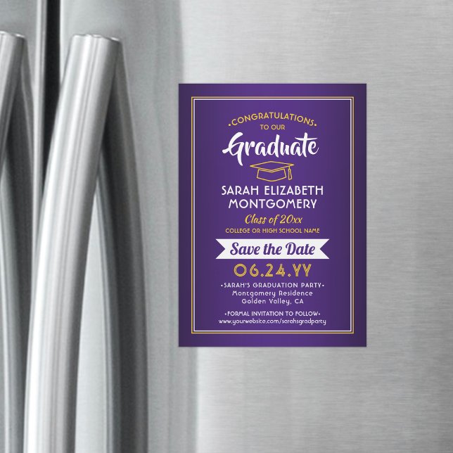 Invitación Magnética Graduación Guardar la fecha morado y amarillo dora (Subido por el creador)