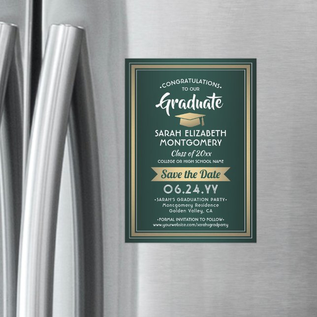 Invitación Magnética Graduación Salvar el elegante oro blanco verde de  (Subido por el creador)