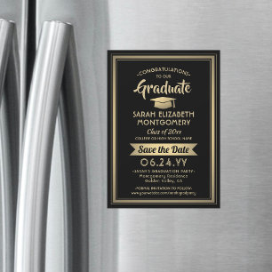 Invitación Magnética Graduación Salvar la fecha elegante negro y oro