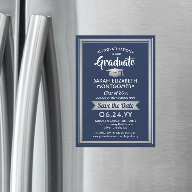 Invitación Magnética Graduación Salvar la fecha en blanco y azul de la  (Subido por el creador)