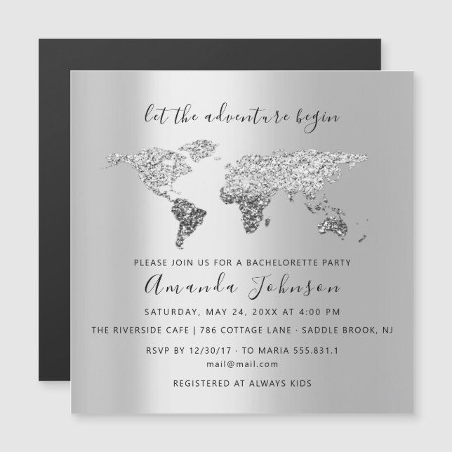 Invitación Magnética Graduado de Mapa de Destino Mundial Boda Gris (Anverso/Reverso)