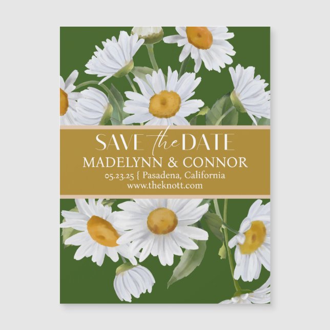 Invitación Magnética Green Daisies Smooth Script Photo Save the Date (Anverso)