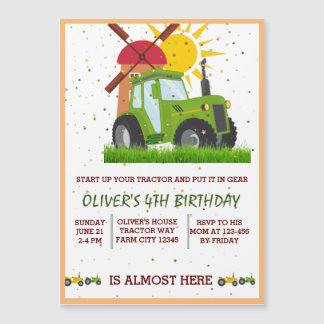 Invitación Magnética Green Tractor Boys Fiesta de Cumpleaños Temática