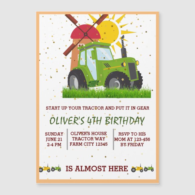 Invitación Magnética Green Tractor Boys Fiesta de Cumpleaños Temática (Anverso)