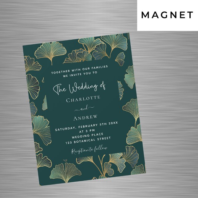 Invitación Magnética Greenery ginkgo deja boda de lujo de oro (Subido por el creador)