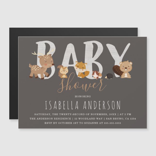 Invitación Magnética Gris | Cute Woodland Animals Neutral Baby Shower (Anverso/Reverso)
